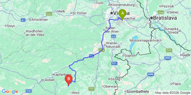Map: Vienna Airport (VIE) to Sankt Kathrein am Offenegg