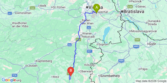 Map: Vienna Airport (VIE) to Sankt Magdalena am Lemberg
