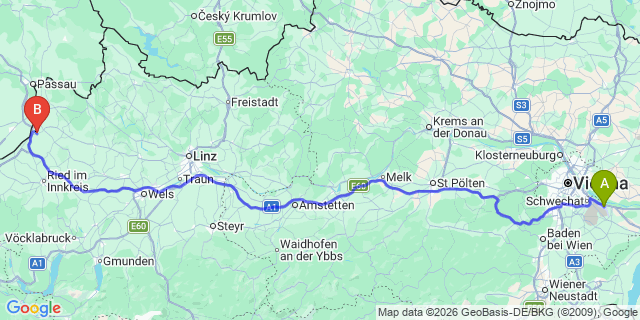 Map: Vienna Airport (VIE) to Sankt Marienkirchen bei Schärding