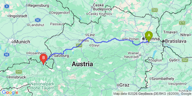Map: Vienna Airport (VIE) to Sankt Martin bei Lofer