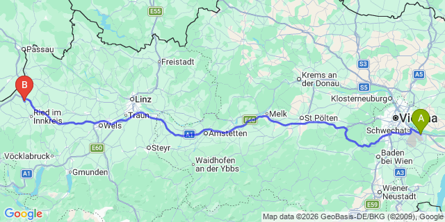 Map: Vienna Airport (VIE) to Sankt Martin im Innkreis