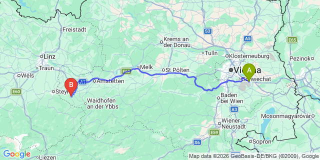 Map: Vienna Airport (VIE) to Sankt Michael am Bruckbach