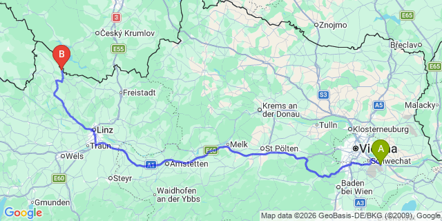 Map: Vienna Airport (VIE) to Sankt Oswald bei Haslach