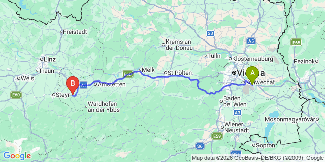 Map: Vienna Airport (VIE) to Sankt Peter an der Au