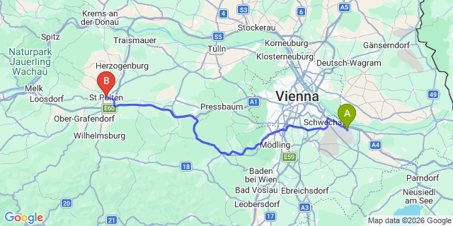 Map: Vienna Airport (VIE) to Sankt Pölten