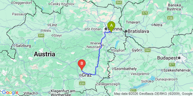 Map: Vienna Airport (VIE) to Sankt Radegund bei Graz