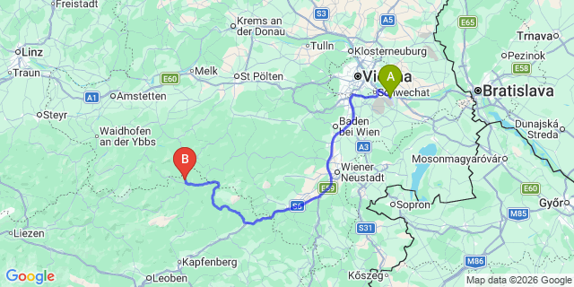 Map: Vienna Airport (VIE) to Sankt Sebastian