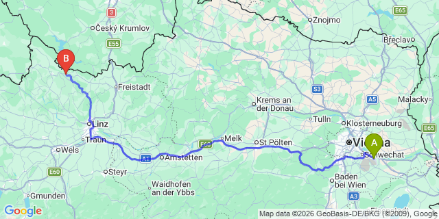 Map: Vienna Airport (VIE) to Sankt Stefan am Walde