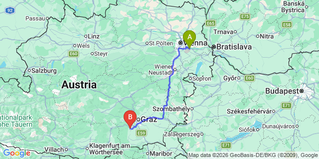 Map: Vienna Airport (VIE) to Sankt Stefan ob Stainz