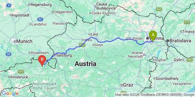 Map: Vienna Airport (VIE) to Sankt Ulrich am Pillersee