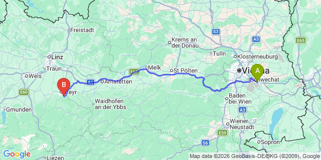 Map: Vienna Airport (VIE) to Sankt Ulrich bei Steyr