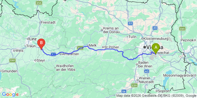 Map: Vienna Airport (VIE) to Sankt Valentin