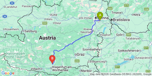 Map: Vienna Airport (VIE) to Sankt Veit an der Glan
