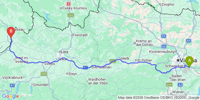 Map: Vienna Airport (VIE) to Schärding