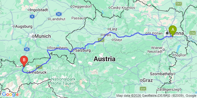 Map: Vienna Airport (VIE) to Scharnitz