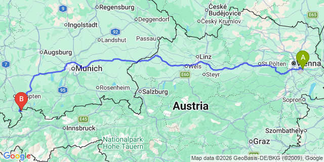 Map: Vienna Airport (VIE) to Schattwald