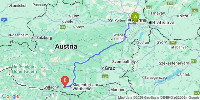 Map: Vienna Airport (VIE) to Schiefling am Wörthersee