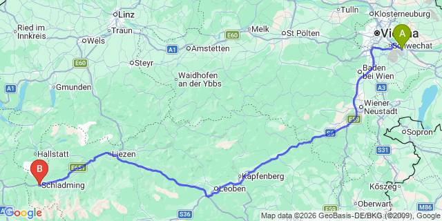 Map: Vienna Airport (VIE) to Schladming