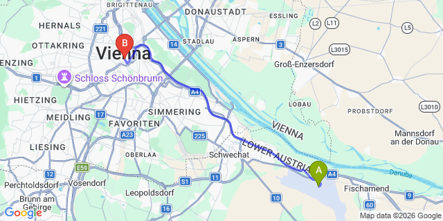 Map: Vienna Airport (VIE) to Schlosshotel Romischer Kaiser