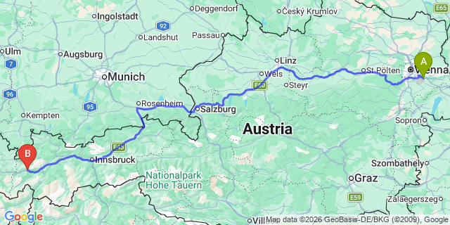 Map: Vienna Airport (VIE) to Schnann