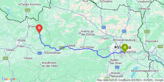 Map: Vienna Airport (VIE) to Schönau im Mühlkreis