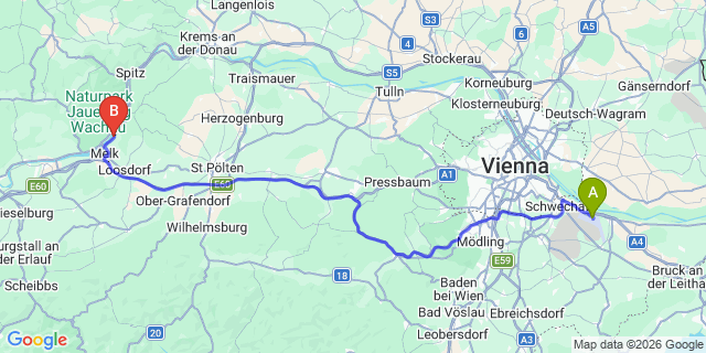 Map: Vienna Airport (VIE) to Schönbühel an der Donau