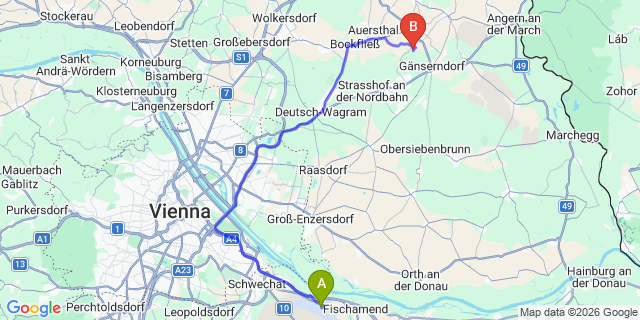 Map: Vienna Airport (VIE) to Schönkirchen-Reyersdorf