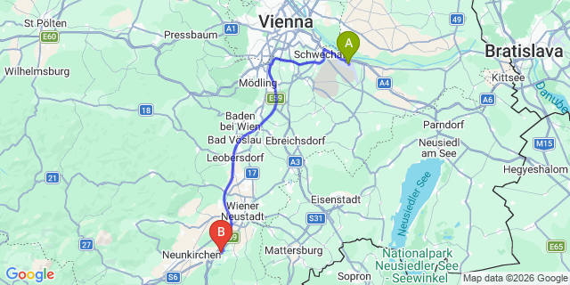 Map: Vienna Airport (VIE) to Schwarzau am Steinfeld