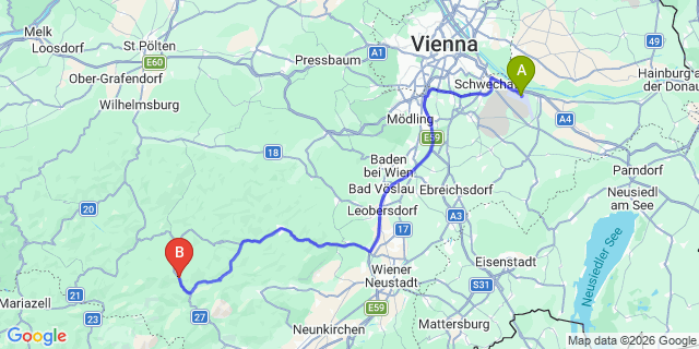 Map: Vienna Airport (VIE) to Schwarzau im Gebirge