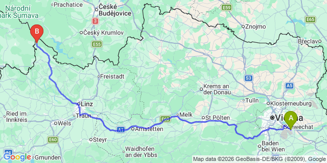 Map: Vienna Airport (VIE) to Schwarzenberg am Böhmerwald