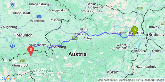 Map: Vienna Airport (VIE) to Schwoich