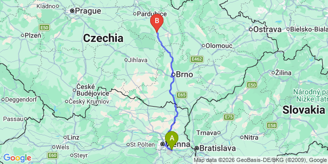 Map: Vienna Airport (VIE) to Sebranice