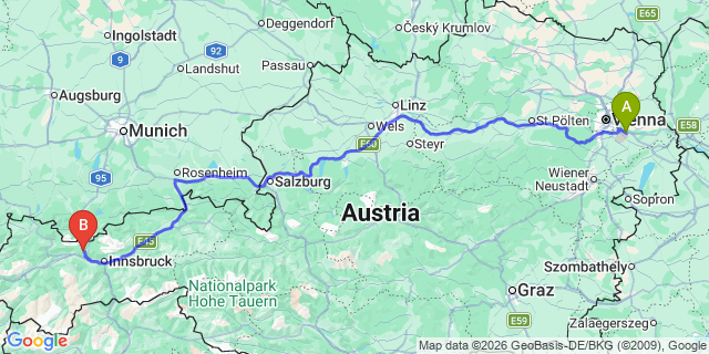 Map: Vienna Airport (VIE) to Seefeld in Tirol