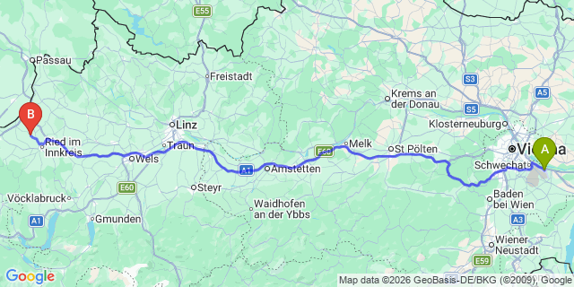 Map: Vienna Airport (VIE) to Senftenbach