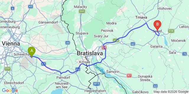 Map: Vienna Airport (VIE) to Sered