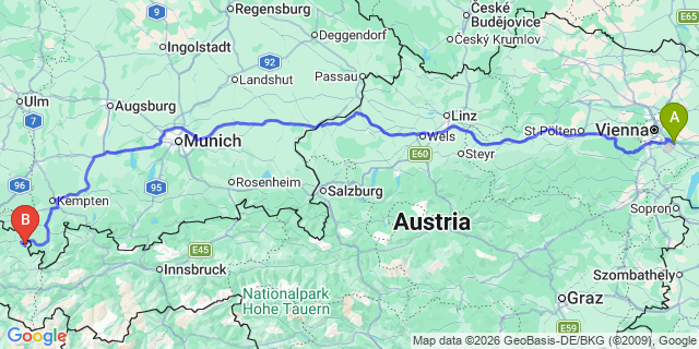Map: Vienna Airport (VIE) to Sibratsgfäll