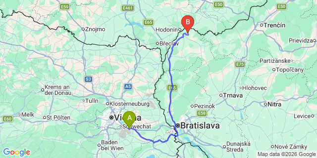 Map: Vienna Airport (VIE) to Skalica Golf Resort