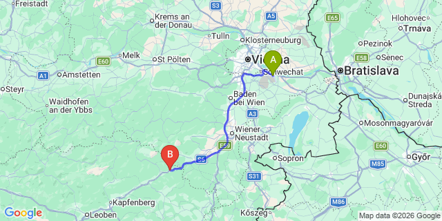 Map: Vienna Airport (VIE) to Spital am Semmering