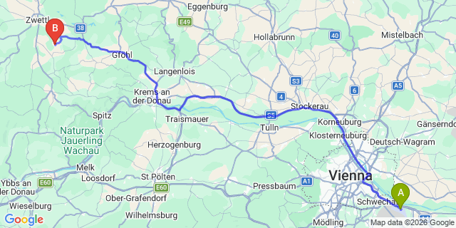 Map: Vienna Airport (VIE) to Sprögnitz
