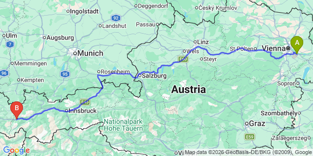 Map: Vienna Airport (VIE) to St Anton am Arlberg