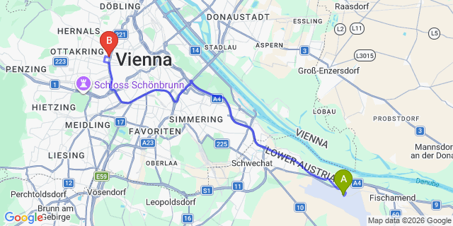 Map: Vienna Airport (VIE) to Stadtaffe - Chic Hostel VIE