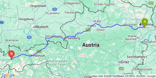 Map: Vienna Airport (VIE) to Stanz bei Landeck
