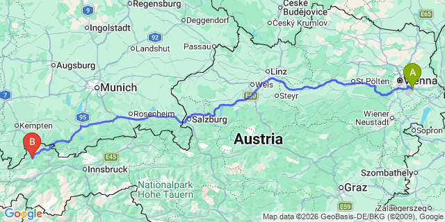 Map: Vienna Airport (VIE) to Stanzach