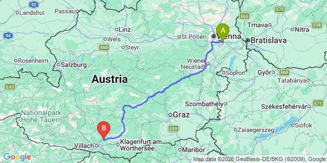 Map: Vienna Airport (VIE) to Steindorf am Ossiacher See