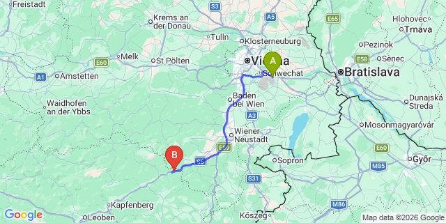 Map: Vienna Airport (VIE) to Steinhaus am Semmering