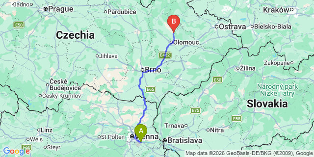 Map: Vienna Airport (VIE) to Sternberk