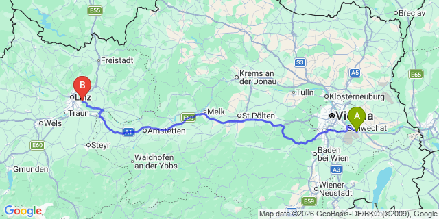Map: Vienna Airport (VIE) to Steyregg