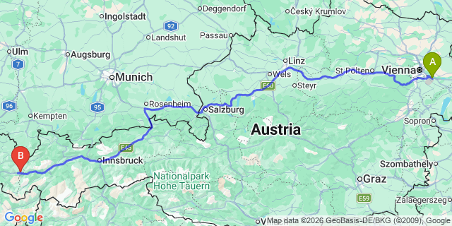 Map: Vienna Airport (VIE) to Stuben Am Arlberg