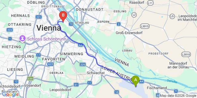 Map: Vienna Airport (VIE) to Superbude Wien Prater