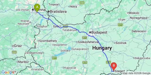 Map: Vienna Airport (VIE) to Szeged